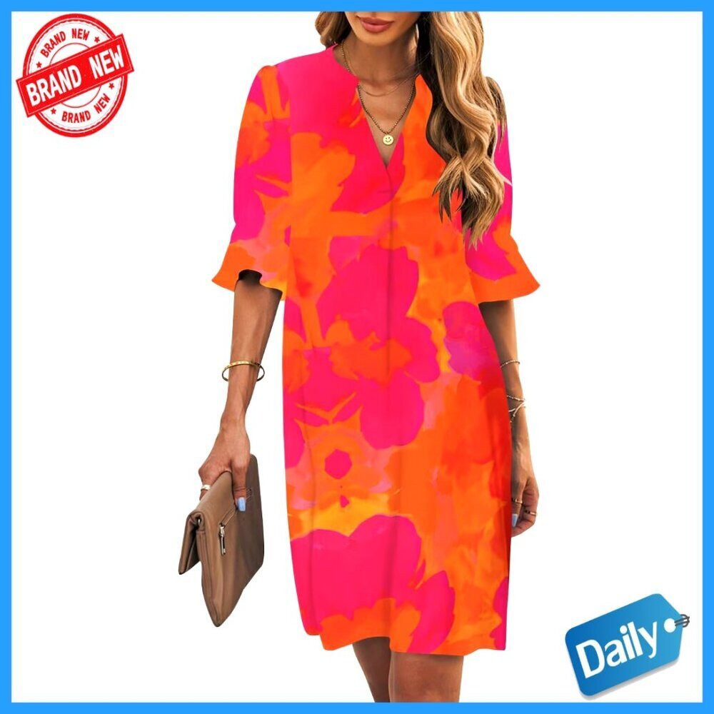 Polyester Shift Dress V-Neck Bell Sleeve Casual Summer Flowy Knee-Length